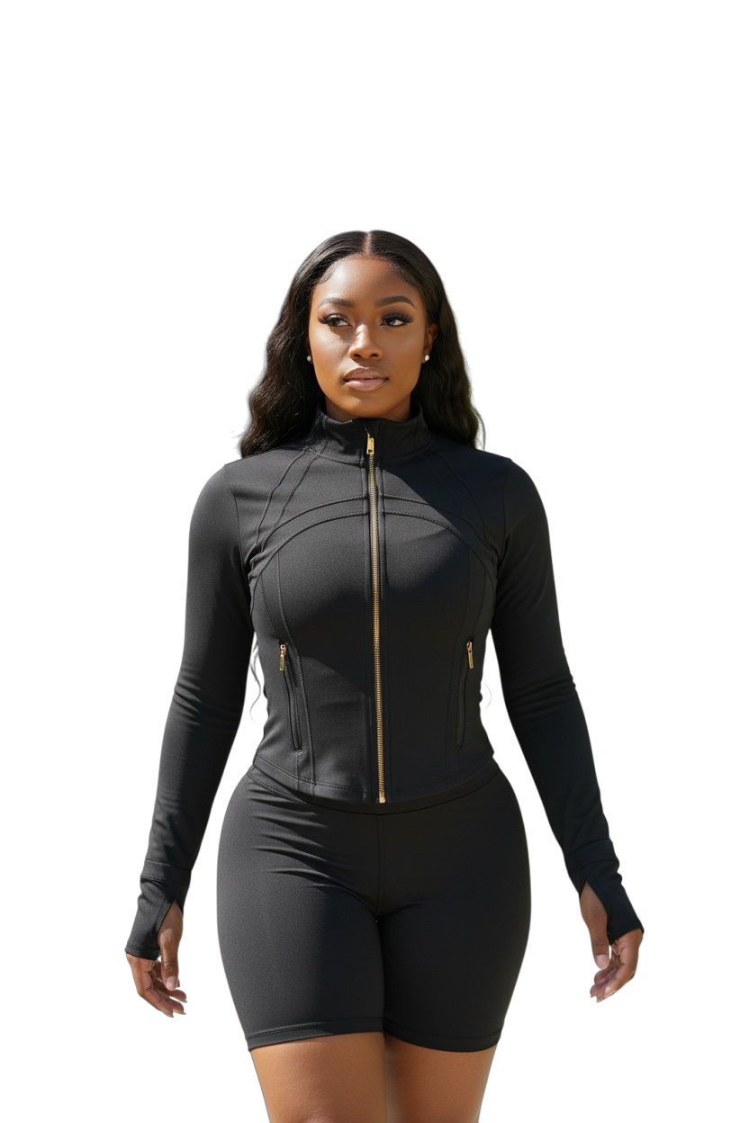 Black & Gold Full Zip Jacket With Biker Shorts (Set)