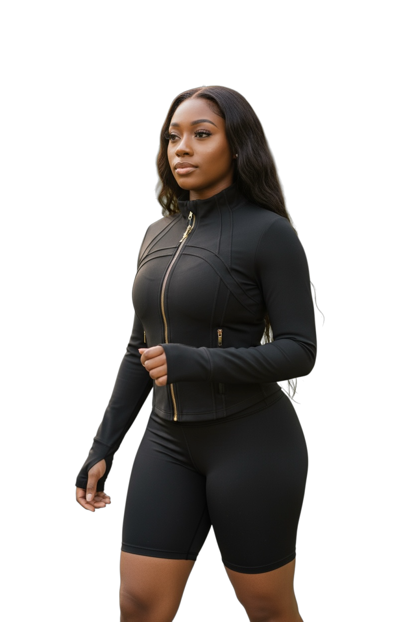 Black & Gold Full Zip Jacket With Biker Shorts (Set)