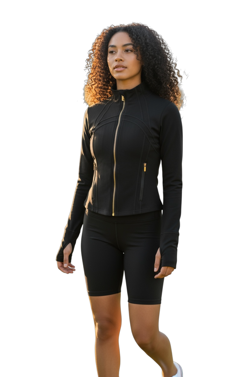 Black & Gold Full Zip Jacket With Biker Shorts (Set)